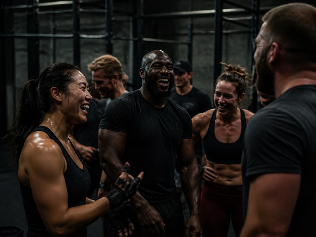 Members laughing together after a session at Relentless Gym