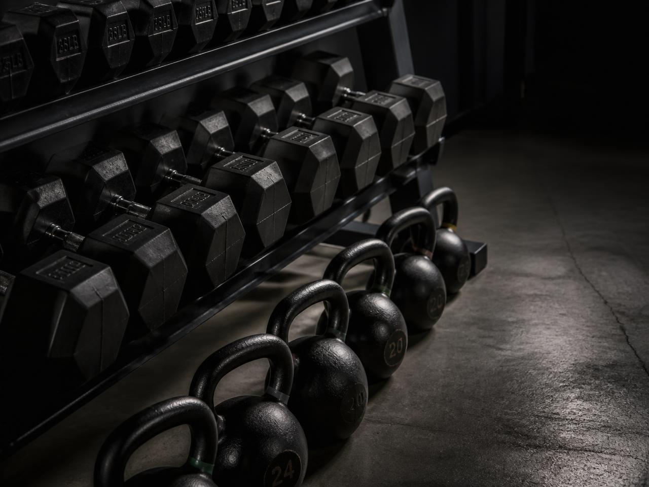 Dumbbell and kettlebell racks at Relentless Gym